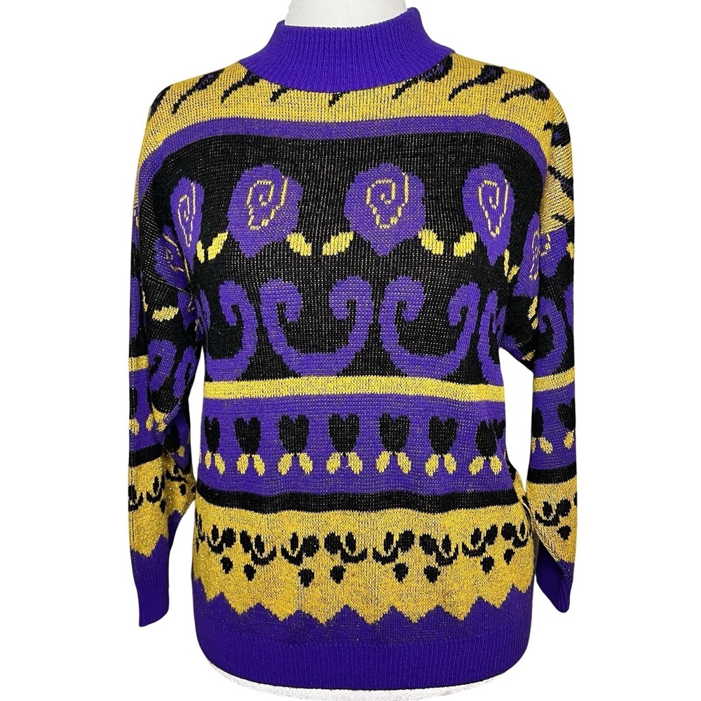 Vtg Women‎ 80 New Orleans Mardi Gras Purple Gold Fortune Knit USA Medium Sweater